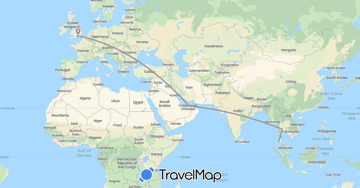 TravelMap itinerary: driving, bus, plane, boat in United Arab Emirates, United Kingdom, Thailand (Asia, Europe)